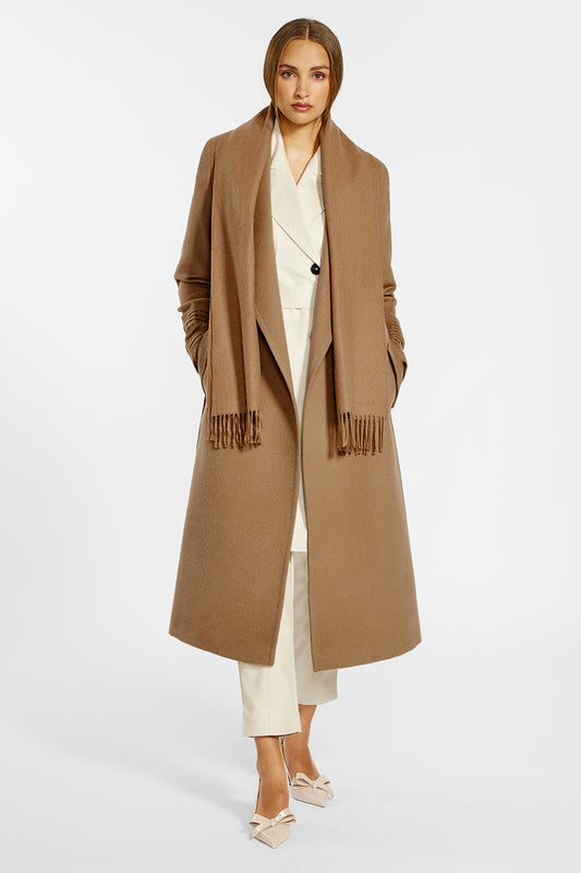 Sentaler Long Notched Collar Wrap Coat and Baby Alpaca Classic Scarf crafted in Baby Alpaca wool and in Dark Camel. Seen from front open on female model.