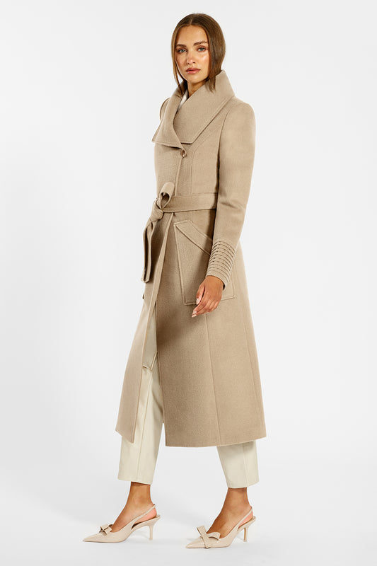 Sentaler Long Wide Collar Wrap Coat crafted in Baby Alpaca and in Camel. Seen from side on female model.
