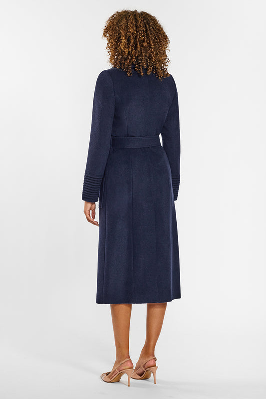 Sentaler Long Wide Collar Wrap Coat crafted in Baby Alpaca wool and in Deep Navy. Seen from back on female model.