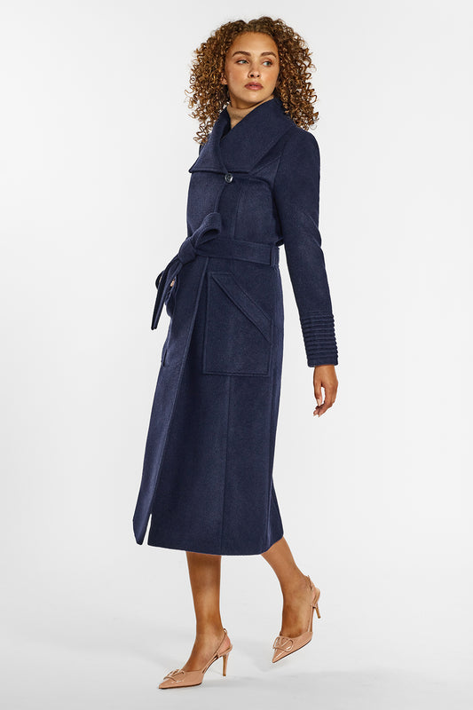 Sentaler Long Wide Collar Wrap Coat crafted in Baby Alpaca wool and in Deep Navy. Seen from side on female model.