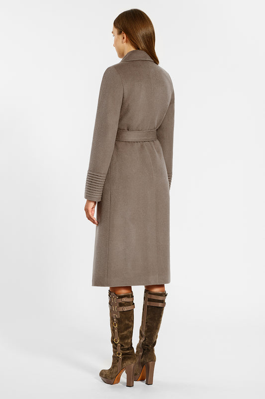 Sentaler Long Wide Notched Collar Wrap Coat crafted in Baby Alpaca wool and in Warm Taupe. Seen from back on female model.