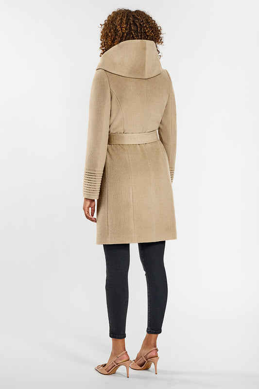 Sentaler Mid Length Hooded Wrap Coat crafted in Baby Alpaca wool and in Camel. Seen from back on female model.