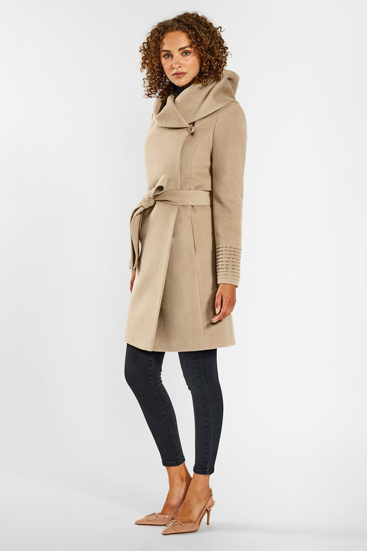 Sentaler Mid Length Hooded Wrap Coat crafted in Baby Alpaca wool and in Camel. Seen from side on female model.