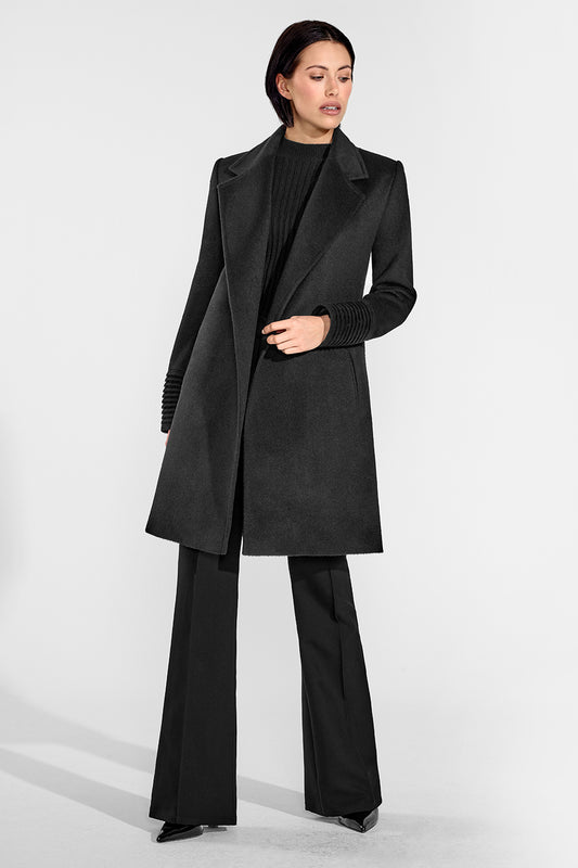 Sentaler Mid Length Notched Collar Wrap Coat featured in Baby Alpaca and available in Black. Seen from front on female model who is wearing the coat open.