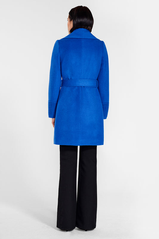Sentaler Mid Length Shawl Collar Wrap Coat crafted in Baby Alpaca wool and in Cobalt Blue. Seen from back on female model.
