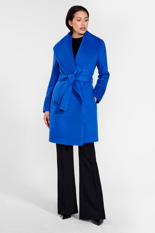 Sentaler Mid Length Shawl Collar Wrap Coat crafted in Baby Alpaca wool and in Cobalt Blue. Seen from front on female model.
