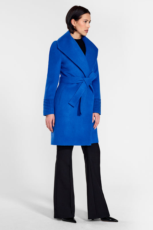 Sentaler Mid Length Shawl Collar Wrap Coat crafted in Baby Alpaca wool and in Cobalt Blue. Seen from side on female model.