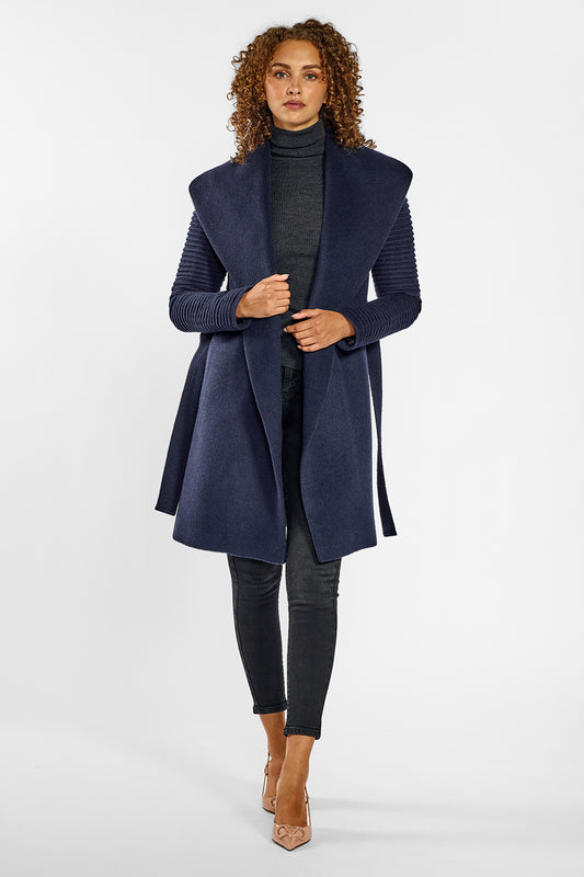 Sentaler Mid Length Shawl Collar Wrap Coat with Ribbed Sleeves crafted in Baby Alpaca wool and in Deep Navy Blue. Seen from front open on female model.