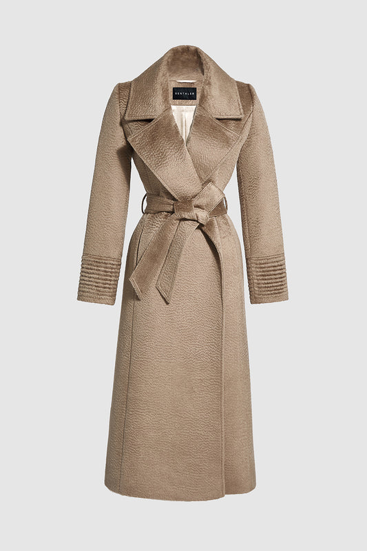 Sentaler Suri Alpaca Long Notched Collar Wrap Coat featured in Suri Alpaca and available in Hazelnut Brown. Seen as off figure belted.