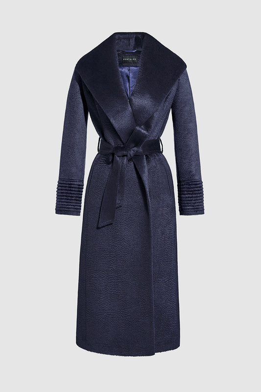 Sentaler Suri Alpaca Long Shawl Collar Wrap Coat featured in Suri Alpaca and available in Deep Navy. Seen as belted off figure.