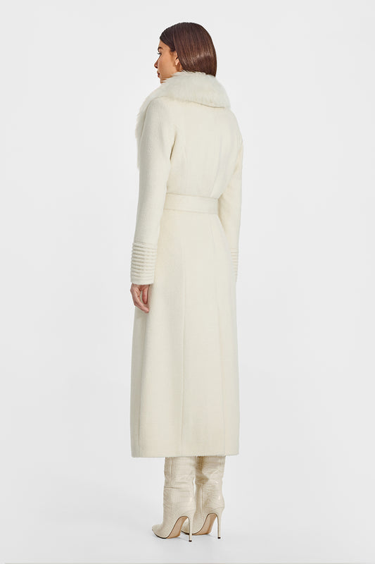 Sentaler Suri Alpaca Maxi Ivory Coat with Fur Collar in Suri Alpaca wool. Seen from back belted on female model.