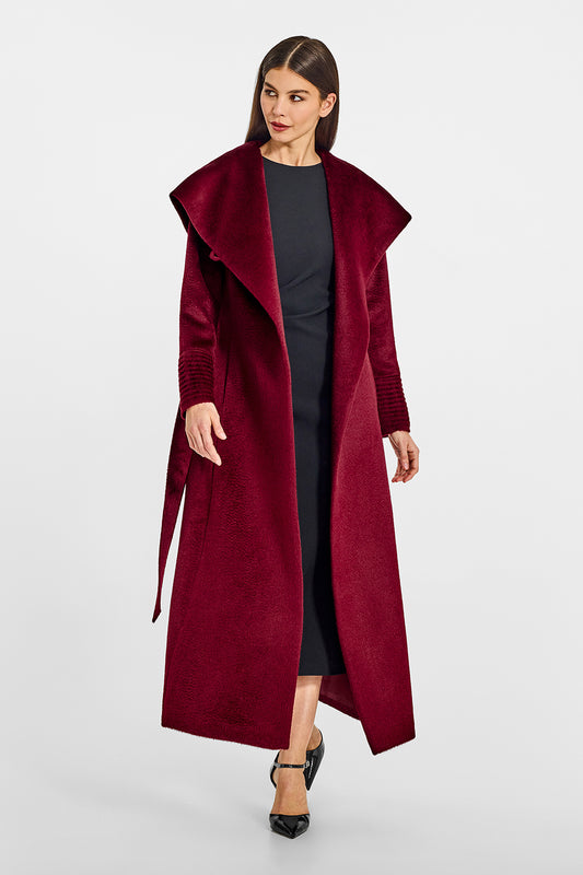 Sentaler Suri Alpaca Maxi Hooded Wrap Bordeaux Coat in Suri Alpaca wool. Seen from front open on female model.