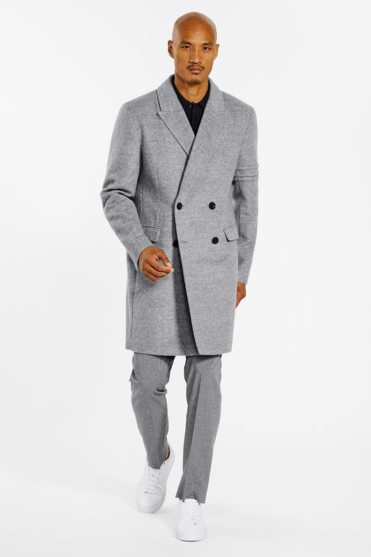 Sentaler Baby Alpaca Double Breasted Shale Grey Overcoat in Technical Baby Alpaca wool. Seen from front on male model.