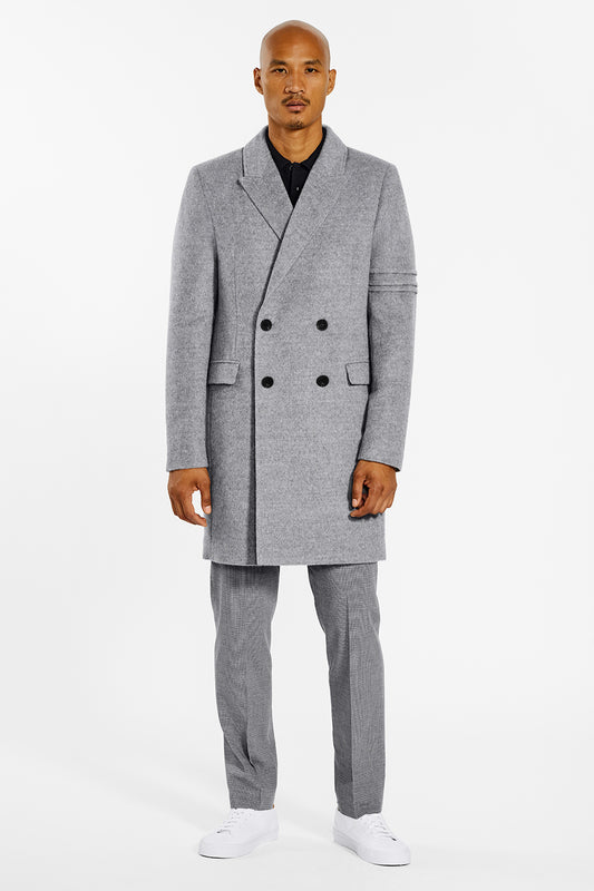 Sentaler Baby Alpaca Double Breasted Shale Grey Overcoat in Technical Baby Alpaca wool. Seen from front on male model.