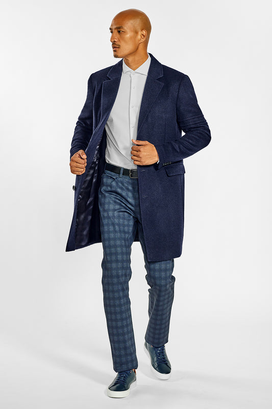 Sentaler Technical Baby Alpaca Notched Lapel Overcoat crafted in Technical Baby Alpaca and available in Deep Navy. Seen from front open on male model.