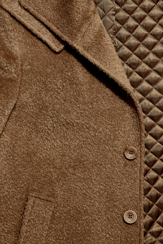 Sentaler Technical Bouclé Alpaca Double Collar Topcoat crafted in Technical Bouclé Alpaca and available in Dark Camel. Seen as fabric swatch close up.