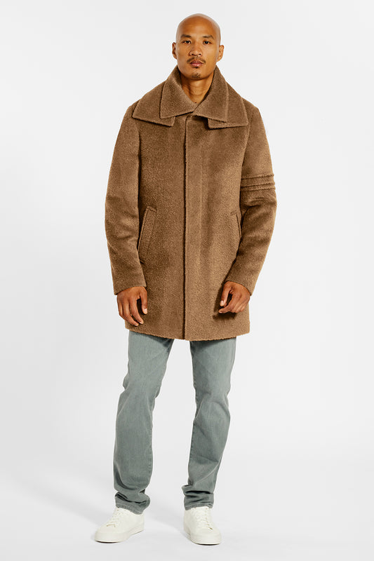 Sentaler Technical Bouclé Alpaca Double Collar Topcoat crafted in Technical Bouclé Alpaca and available in Dark Camel. Seen from front on male model.