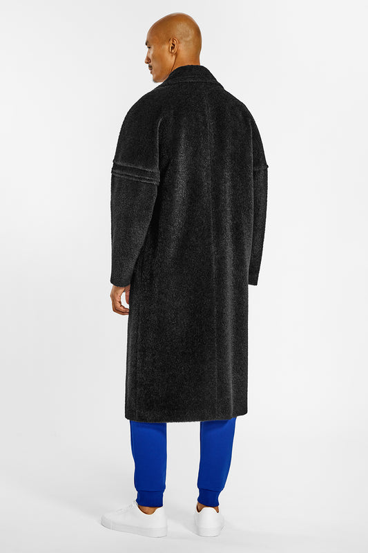 Sentaler Technical Bouclé Alpaca Robe Coat crafted in Technical Bouclé Alpaca and available in Black. Seen from back on male model.