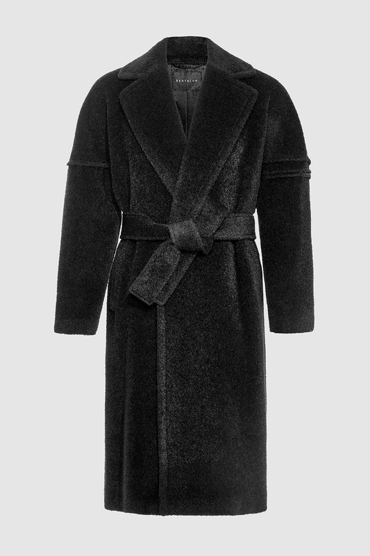 Sentaler Technical Bouclé Alpaca Robe Coat crafted in Technical Bouclé Alpaca and available in Black. Seen as off figure belted.