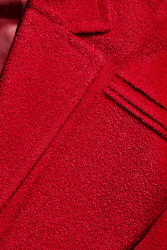 Sentaler Technical Bouclé Alpaca Robe Coat crafted in Technical Bouclé Alpaca and available in Red. Seen as fabric swatch close up.