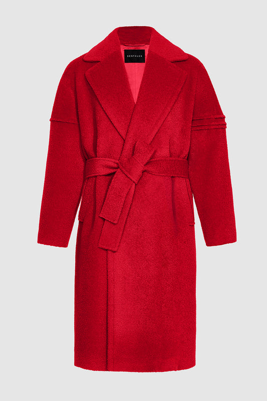 Sentaler Technical Bouclé Alpaca Robe Coat crafted in Technical Bouclé Alpaca and available in Red. Seen as off figure belted.