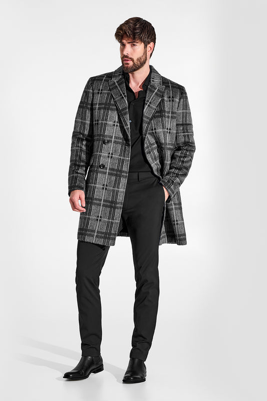 Sentaler Suri Alpaca Double Breasted Grey Check Overcoat in Technical Suri Alpaca wool. Seen from front open on male model.