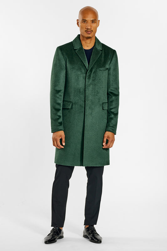Sentaler Technical Suri Alpaca Notched Lapel Overcoat crafted in Technical Suri Alpaca and available in Deep Emerald. Seen from front on male model.