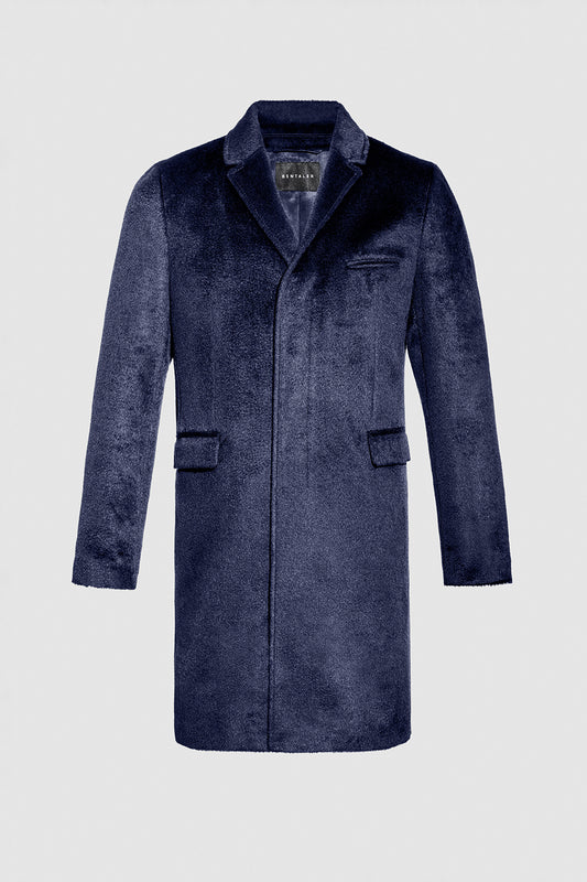 Sentaler Suri Alpaca Notched Lapel Deep Navy Overcoat in Technical Suri Alpaca wool. Seen as off figure.