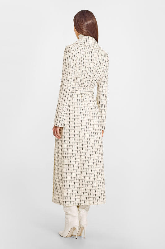 Sentaler Tweed Maxi Notched Collar Wrap Ivory Check Coat in Tweed Baby Alpaca wool. Seen from back belted on female model.