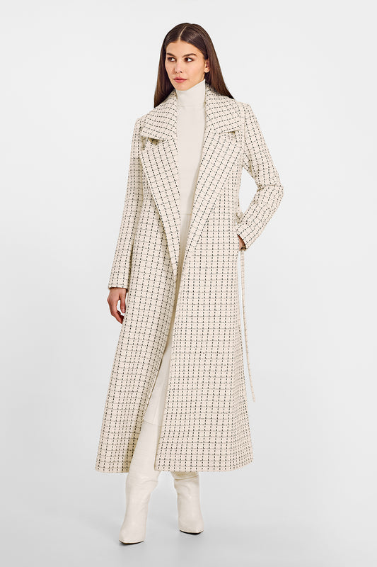 Sentaler Tweed Maxi Notched Collar Wrap Ivory Check Coat in Tweed Baby Alpaca wool. Seen from front open on female model.