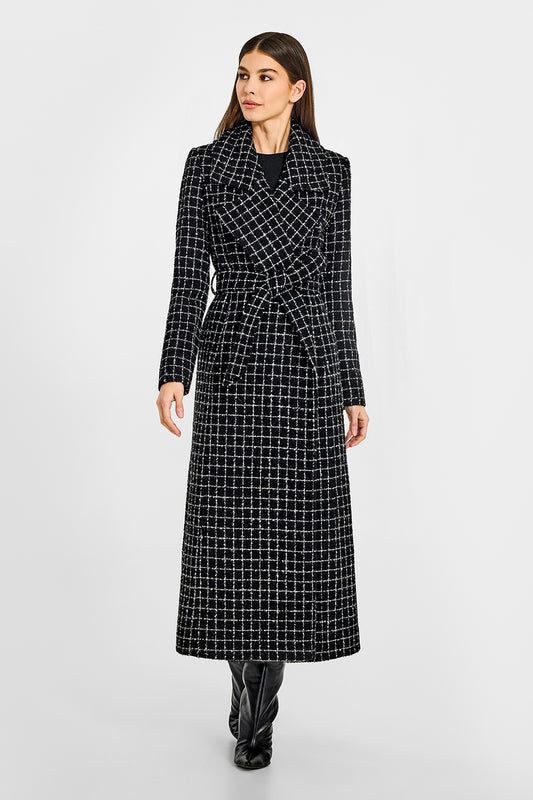 Sentaler Tweed Maxi Notched Collar Wrap Black Check Coat in Tweed Suri Alpaca wool. Seen from front belted on female model.