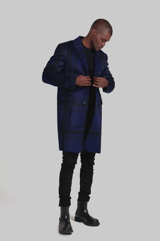 Sentaler Technical Suri Alpaca Notched Lapel Overcoat featured in Technical Suri Alpaca and available in Navy Plaid. Seen as product video.