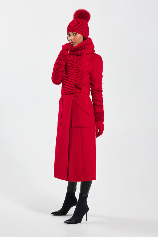Sentaler Adult Ribbed Accessories featured in Baby Alpaca and available in Red. Seen on model from side..Sentaler Adult Ribbed Accessories featured in Baby Alpaca and available in Red. Seen on model from side.
