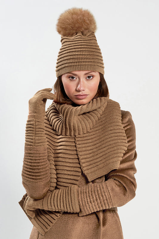 Sentaler Adult Ribbed Gloves featured in Baby Alpaca and available in Dark Camel. Seen from front.