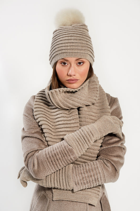 Sentaler Adult Ribbed Gloves featured in Baby Alpaca and available in Light Taupe. Seen from front.