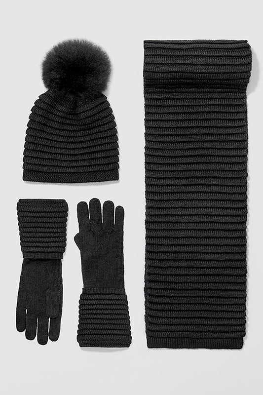 Sentaler Adult Ribbed Scarf, Adult Ribbed Scarf and Adult Ribbed Gloves featured in Baby Alpaca and available in Black. Seen as off figures.