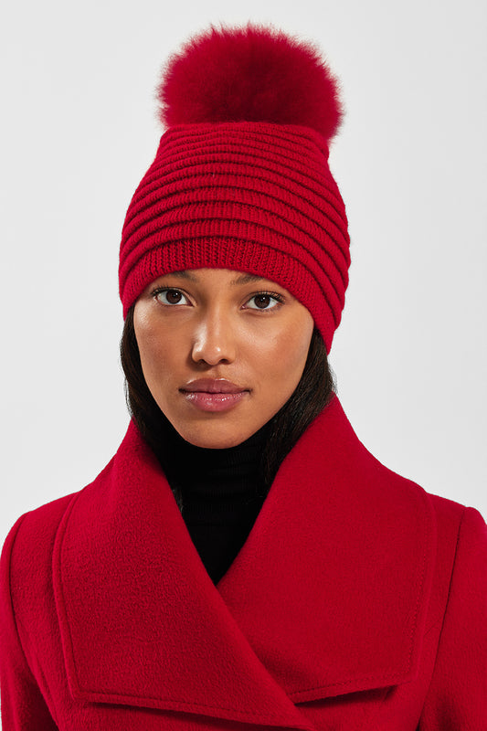 Sentaler Adult Ribbed Hat With Oversized Fur Pompon featured in Baby Alpaca and available in Red. Seen from front close-up 2.