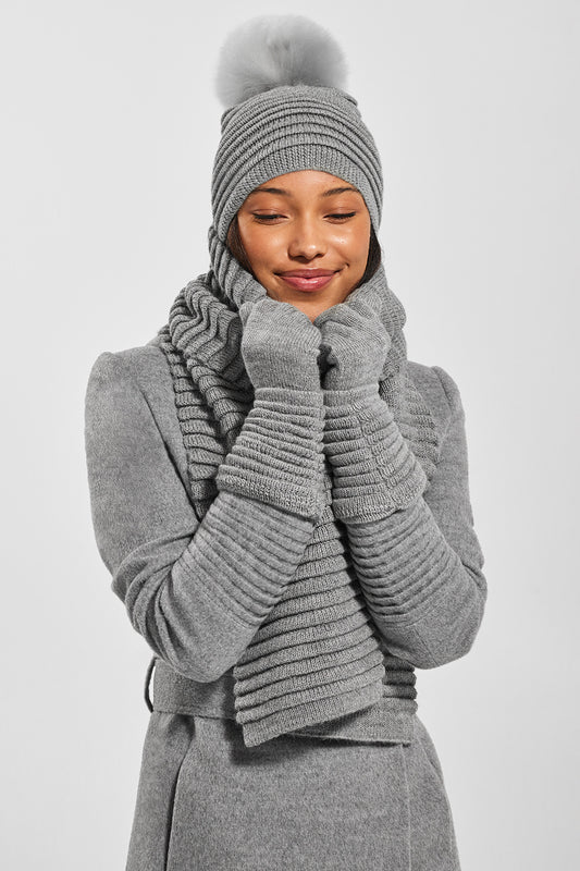 Sentaler Adult Ribbed Scarf featured in Baby Alpaca and available in Grey. Seen with hat and gloves.