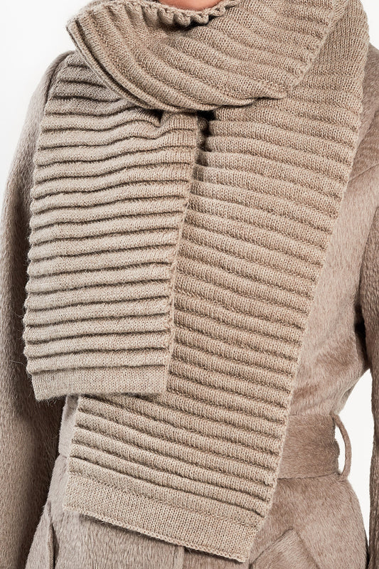 Sentaler Adult Ribbed Scarf featured in Baby Alpaca and available in Light Taupe. Seen close-up 1.