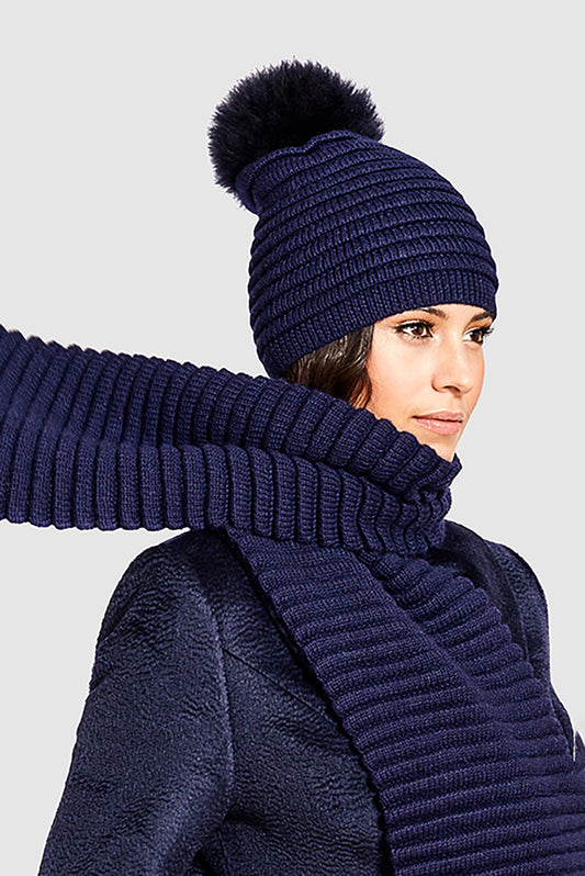 Sentaler Adult Ribbed Scarf featured in Baby Alpaca and available in Navy. Seen in action close-up.