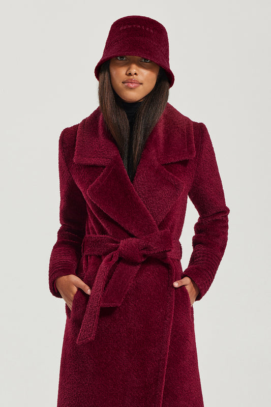 Sentaler Bouclé Alpaca Bucket Hat featured in Bouclé Alpaca and available in Garnet Red. Seen from front close up.