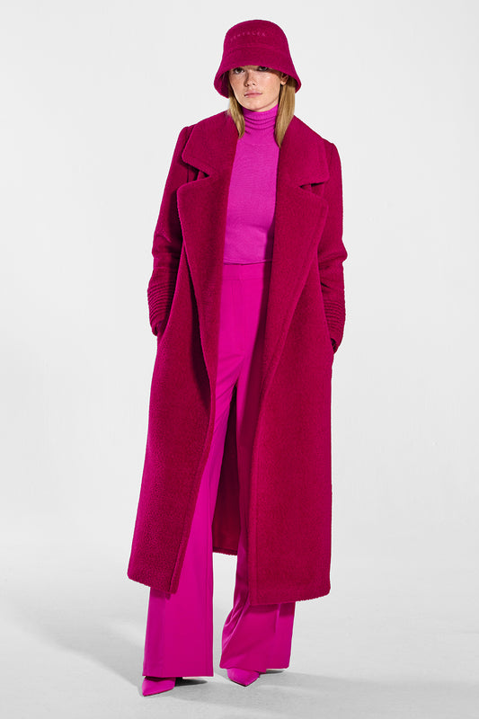 Sentaler Bouclé Alpaca Long Notched Collar Wrap Coat and Bucket Hat featured in Bouclé Alpaca and available in Orchid Flower. Seen from front open on model.