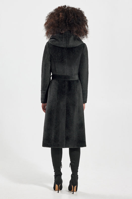 Sentaler Bouclé Alpaca Long Hooded Wrap Coat featured in Bouclé Alpaca and available in Black. Seen from back on model.
