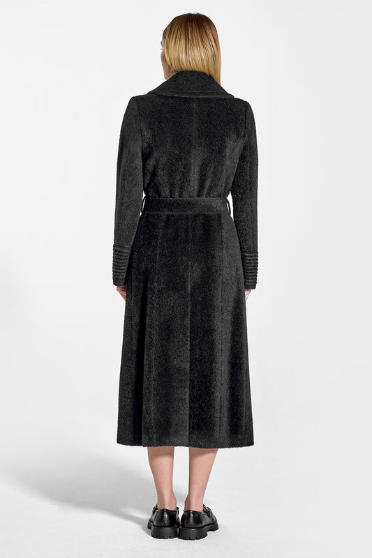 Sentaler Bouclé Alpaca Long Notched Collar Wrap Coat featured in Bouclé Alpaca and available in Black. Seen from back on model.