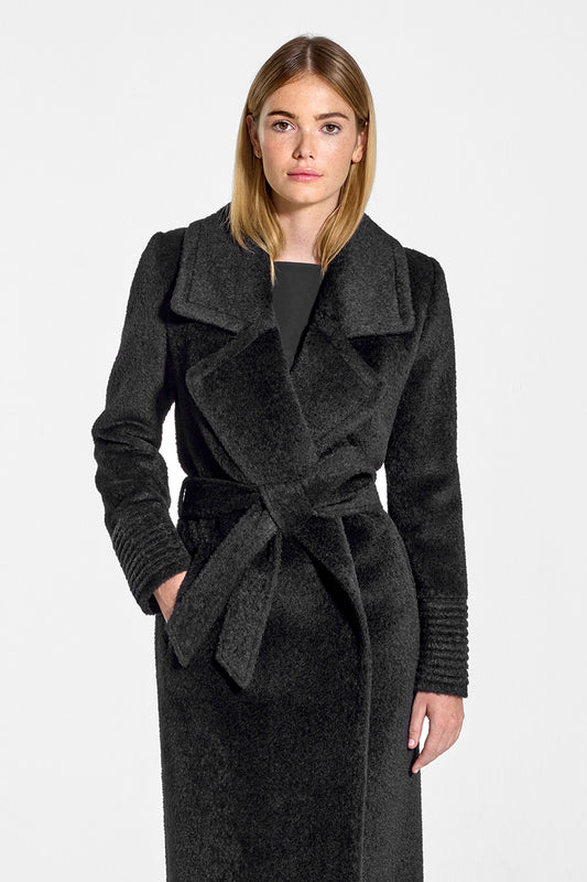 Sentaler Bouclé Alpaca Long Notched Collar Wrap Coat featured in Bouclé Alpaca and available in Black. Seen from front above the knees on model.