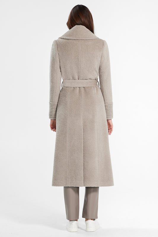 Sentaler Bouclé Alpaca Long Notched Collar Wrap Coat featured in Bouclé Alpaca and available in Sand. Seen from back.