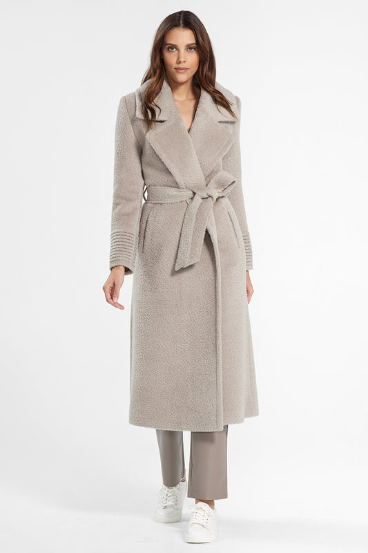 Sentaler Bouclé Alpaca Long Notched Collar Wrap Coat featured in Bouclé Alpaca and available in Sand. Seen from front.