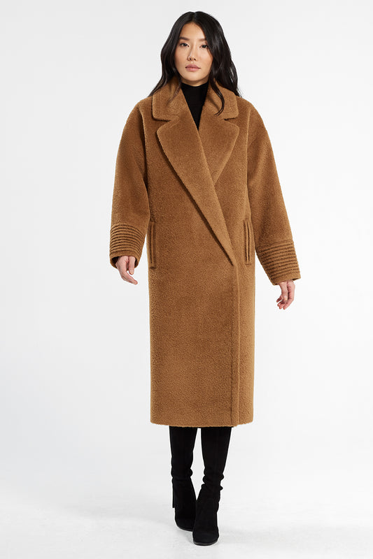 Sentaler Bouclé Alpaca Long Oversized Notched Collar Coat featured in Bouclé Alpaca and available in Caramel Café. Seen from front.