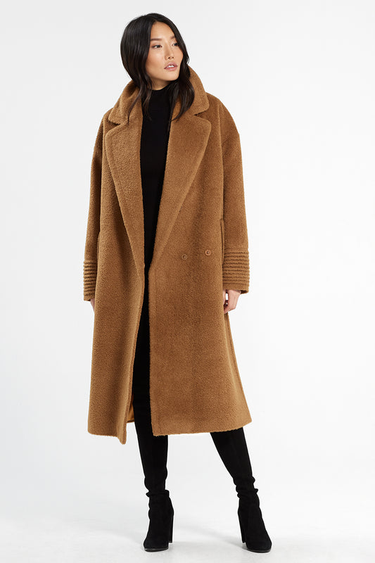 Sentaler Bouclé Alpaca Long Oversized Notched Collar Coat featured in Bouclé Alpaca and available in Caramel Café. Seen open.