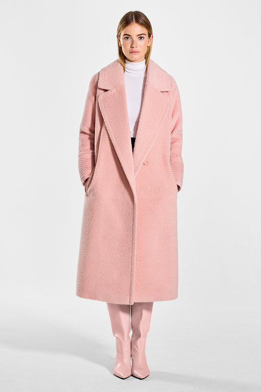 Sentaler Bouclé Alpaca Long Raglan Sleeve Notched Collar Coat featured in Bouclé Alpaca and available in Pink Clay. Seen from front open on model.